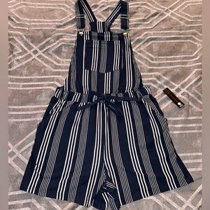 No Boundaries Navy and White Striped womans Overall One-Piece